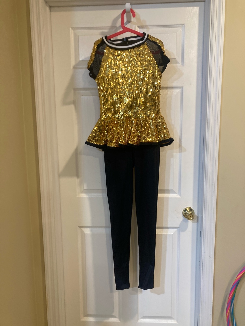 Gold Sequin Peplum Top & Black Pants dancing/halloween showgirl outfit